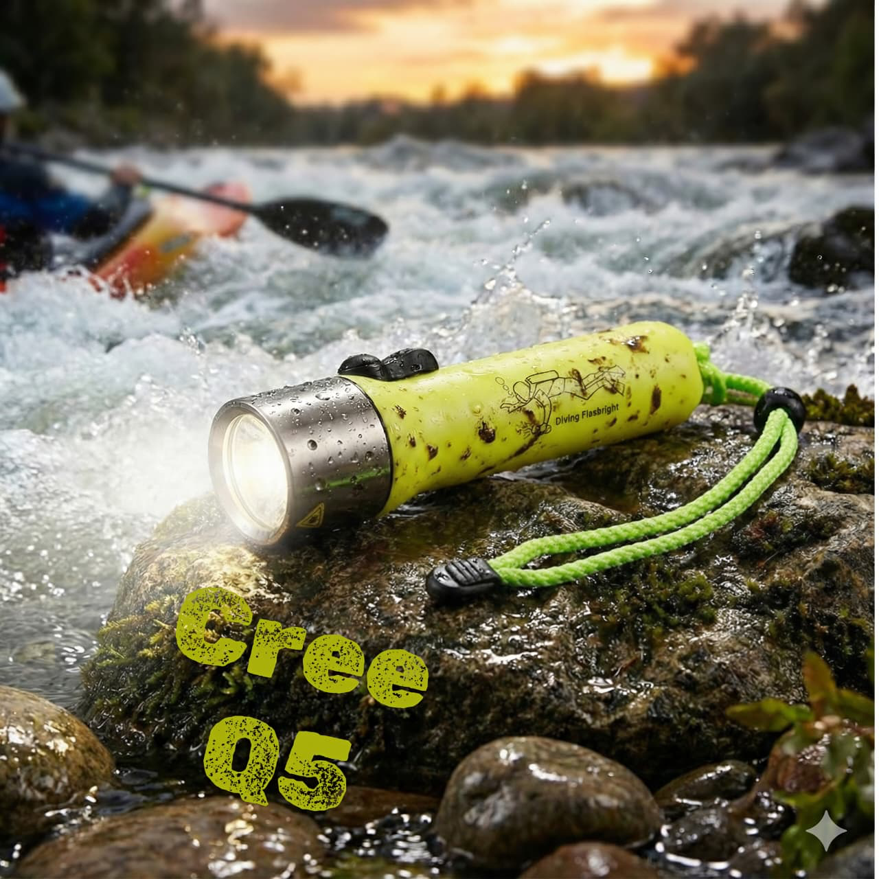 Linterna acuática Cree Q5 junto a un río