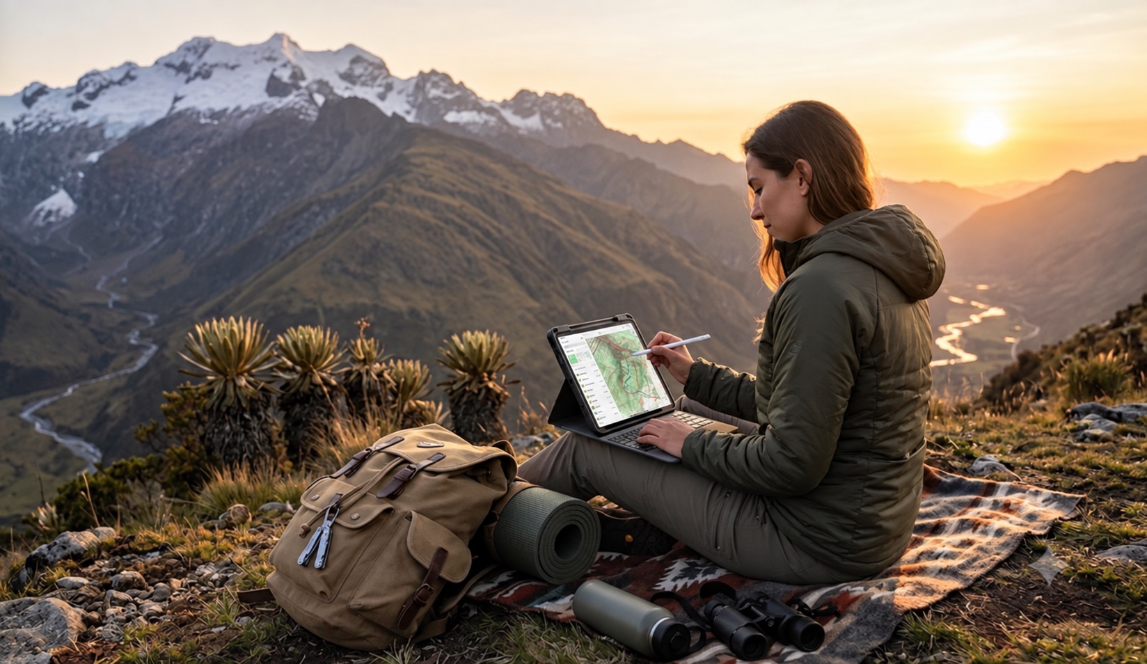 Exploradora usando tecnología de navegación en una montaña colombiana